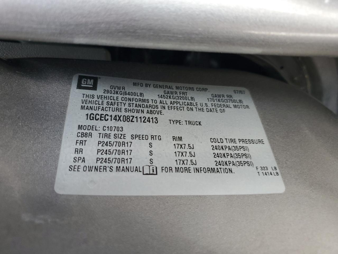 1gcec14x08z112413 1GCEC14X08Z112413 2008 Chevrolet Silverado C1500