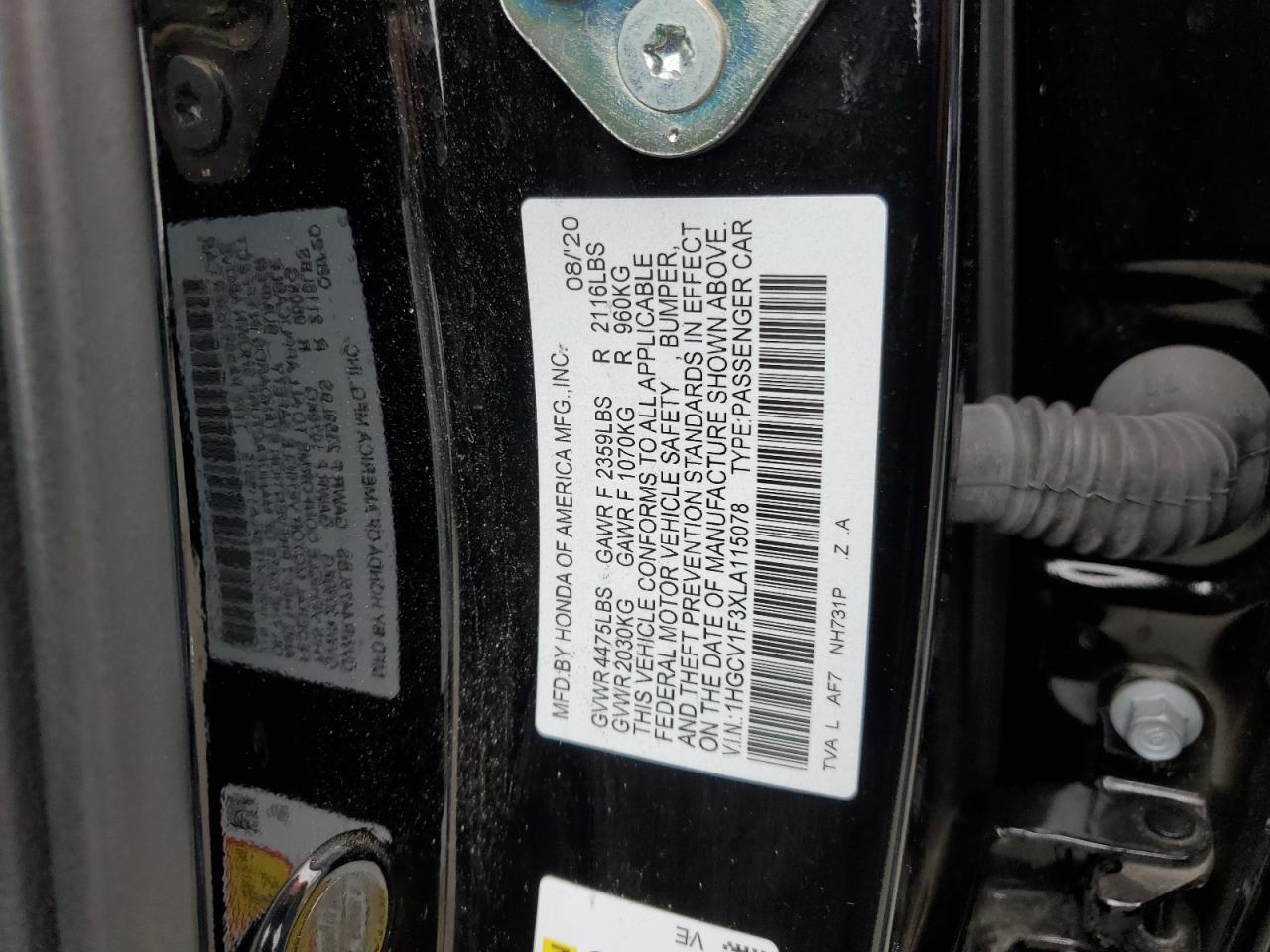 2020 Honda Accord Sport VIN: 1HGCV1F3XLA115078 Lot: 65647555