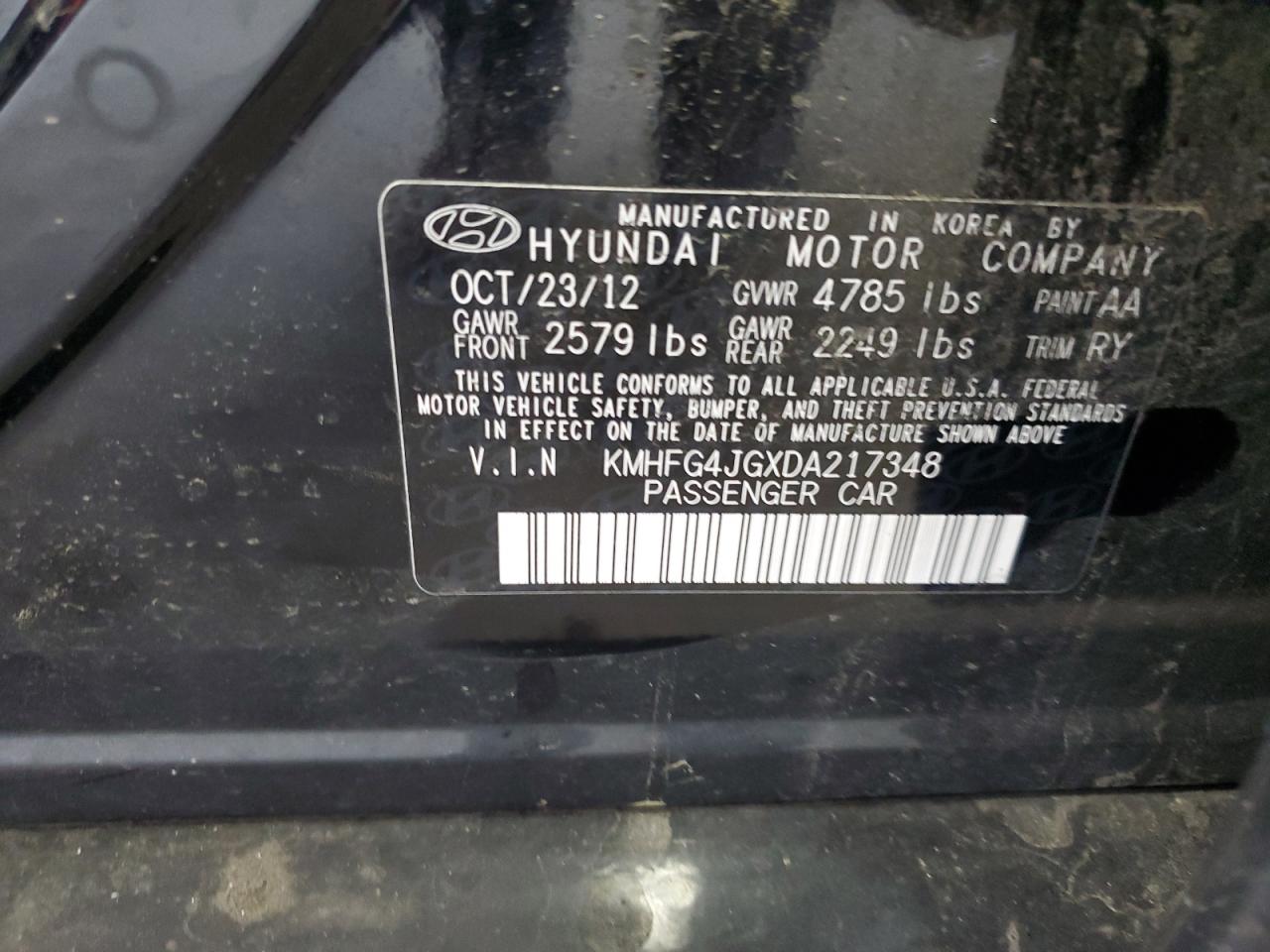2013 Hyundai Azera VIN: KMHFG4JGXDA217348 Lot: 63743225