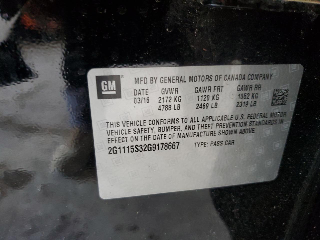 2016 Chevrolet Impala Lt VIN: 2G1115S32G9178667 Lot: 66089355