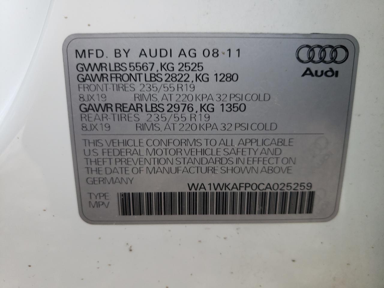 2012 Audi Q5 Prestige VIN: WA1WKAFP0CA025259 Lot: 64606825