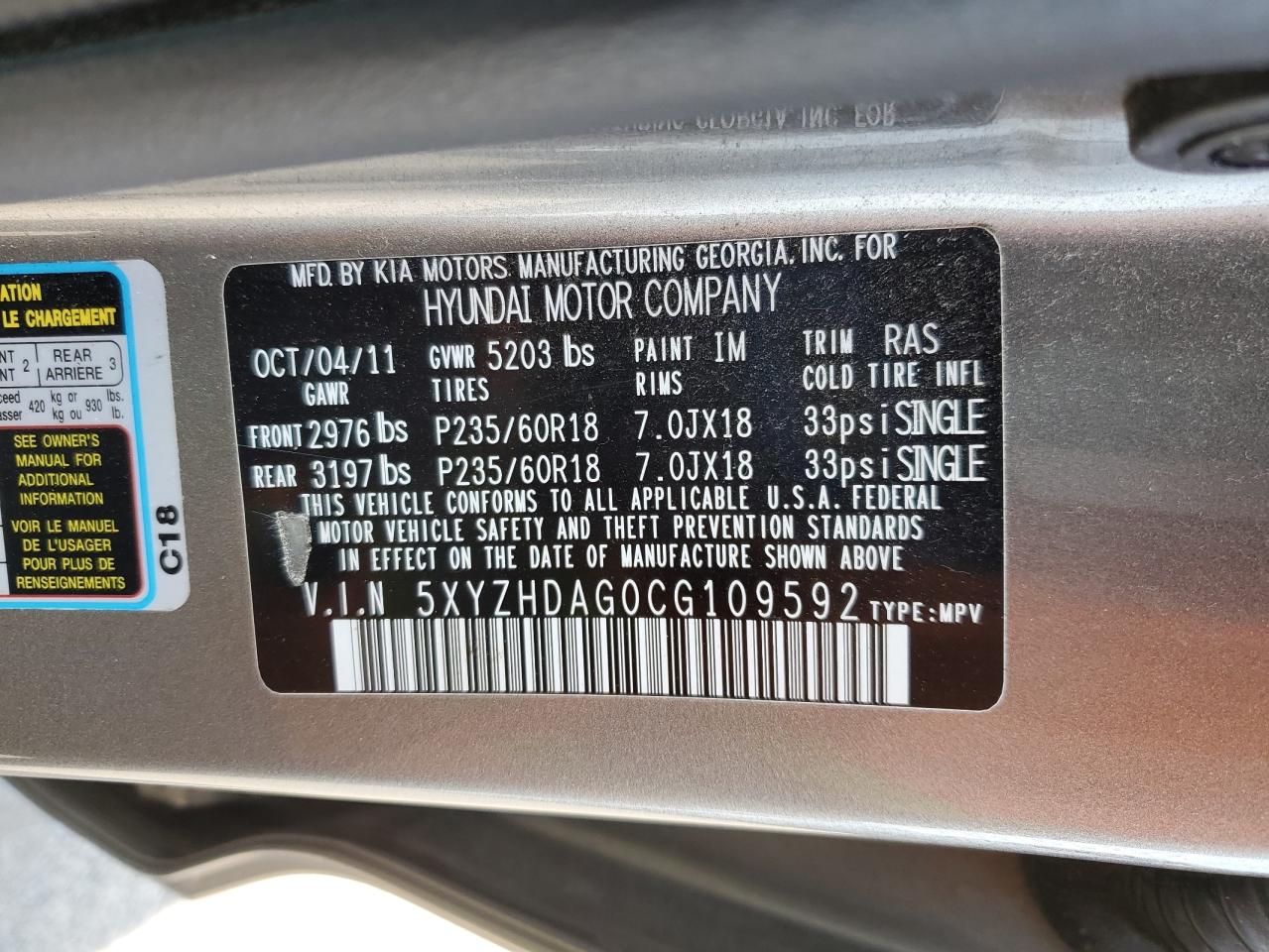 2012 Hyundai Santa Fe Se VIN: 5XYZHDAG0CG109592 Lot: 64953515