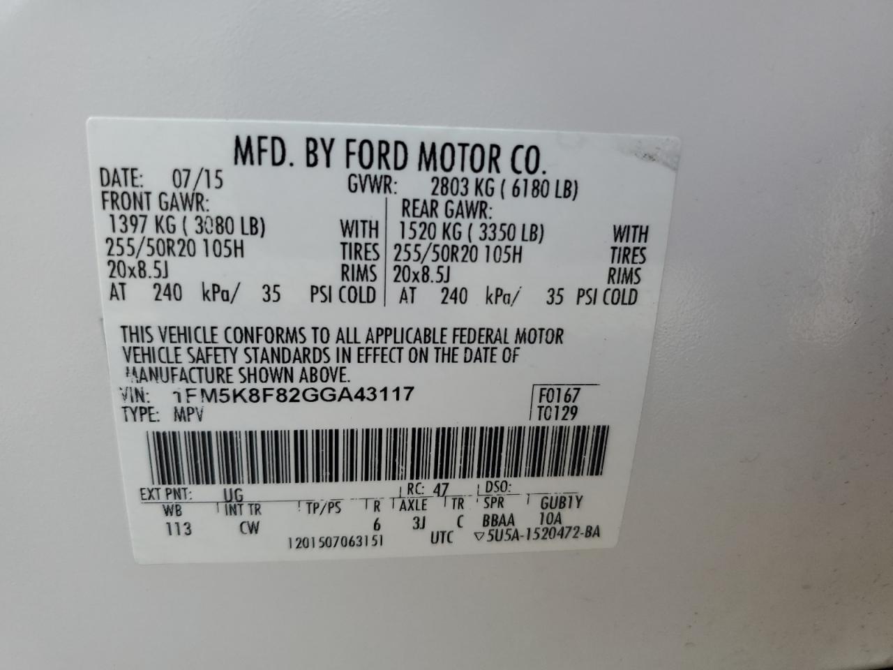 2016 Ford Explorer Limited VIN: 1FM5K8F82GGA43117 Lot: 65038915