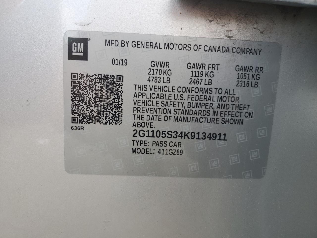 2019 Chevrolet Impala Premier VIN: 2G1105S34K9134911 Lot: 64965475