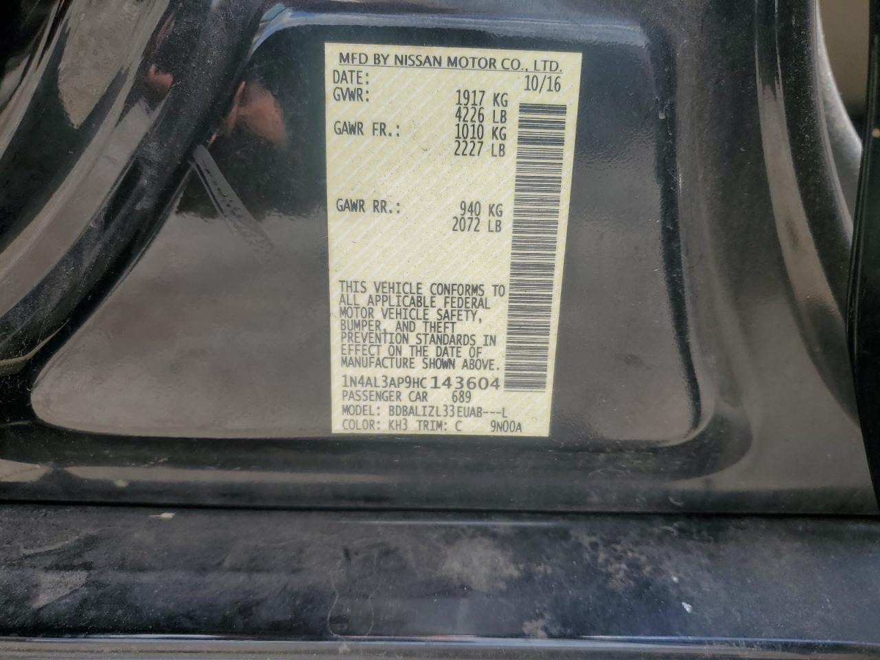 2017 Nissan Altima 2.5 VIN: 1N4AL3AP9HC143604 Lot: 64029535