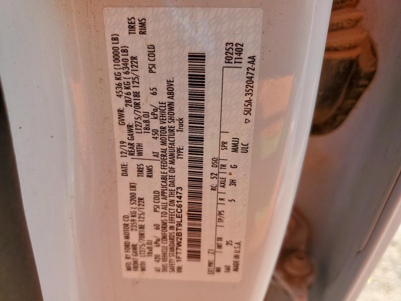 2020 Ford F250 Super Duty VIN: 1FT7W2BT9LEC61473 Lot: 63622895