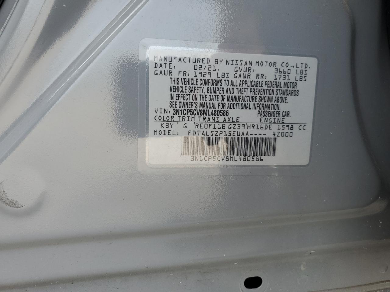 2021 Nissan Kicks Sv VIN: 3N1CP5CV8ML480586 Lot: 63314815