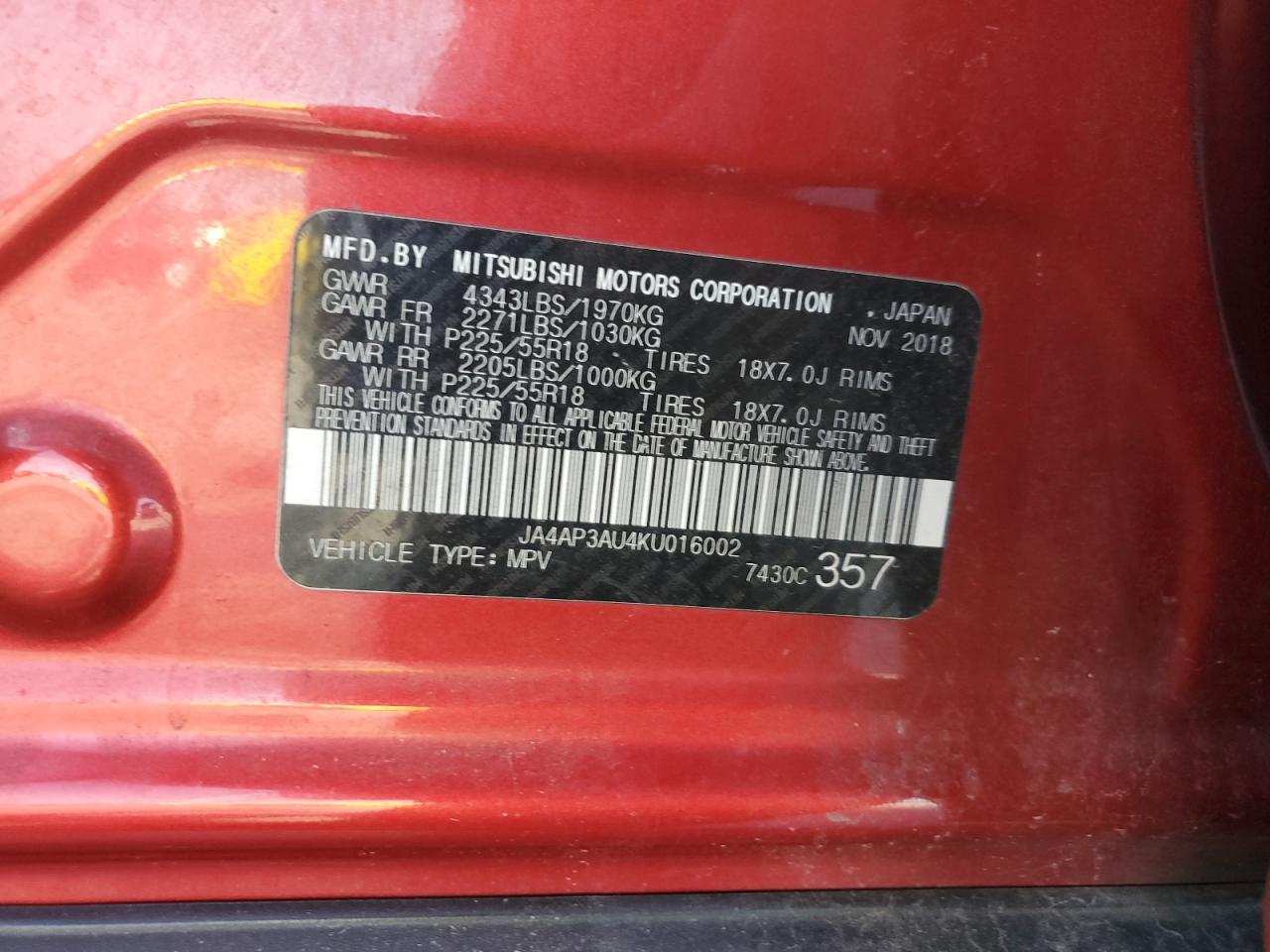 2019 Mitsubishi Outlander Sport Es VIN: JA4AP3AU4KU016002 Lot: 65421965