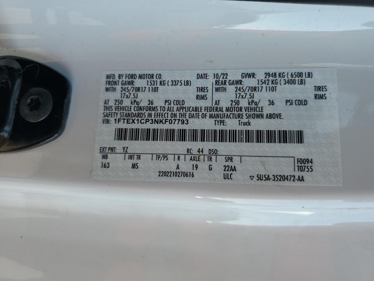 2022 Ford F150 Super Cab VIN: 1FTEX1CP3NKF07793 Lot: 66384415