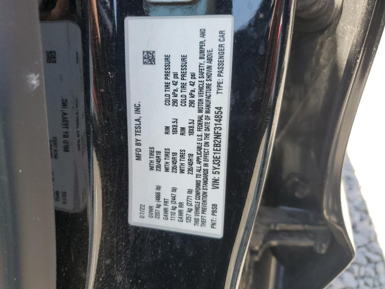 2022 Tesla Model 3 VIN: 5YJ3E1EB2NF314854 Lot: 64657105