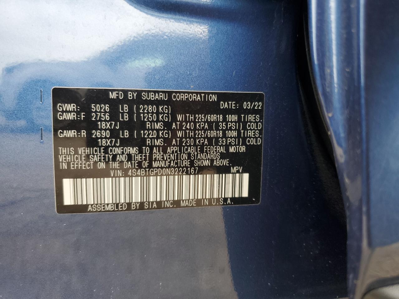 2022 Subaru Outback Touring VIN: 4S4BTGPD0N3222167 Lot: 65368535