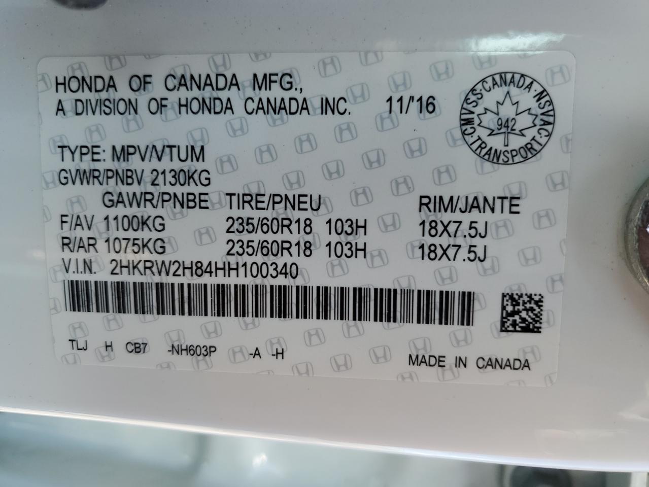 2017 Honda Cr-V Exl VIN: 2HKRW2H84HH100340 Lot: 66129225