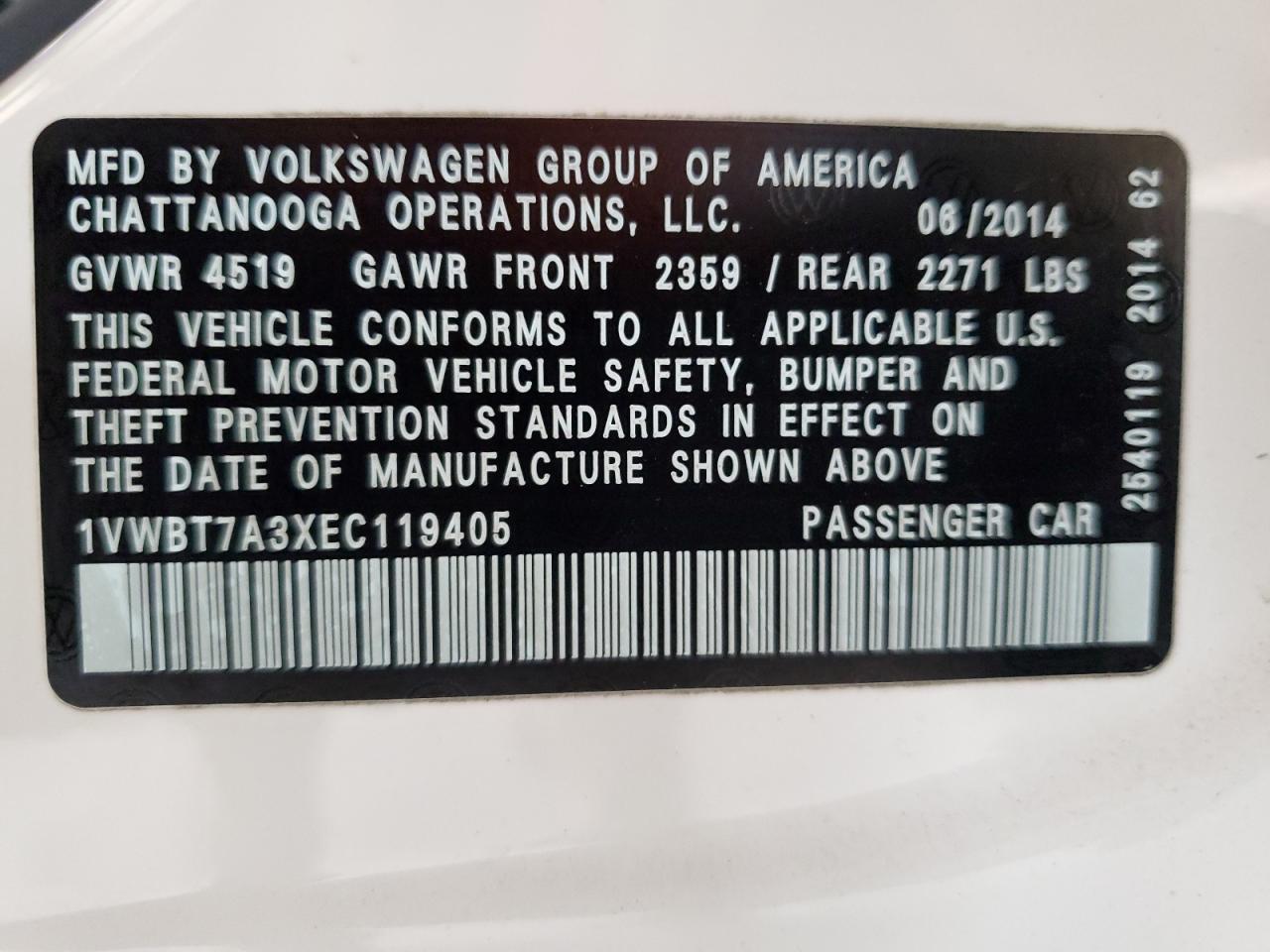 2014 Volkswagen Passat Se VIN: 1VWBT7A3XEC119405 Lot: 61809025