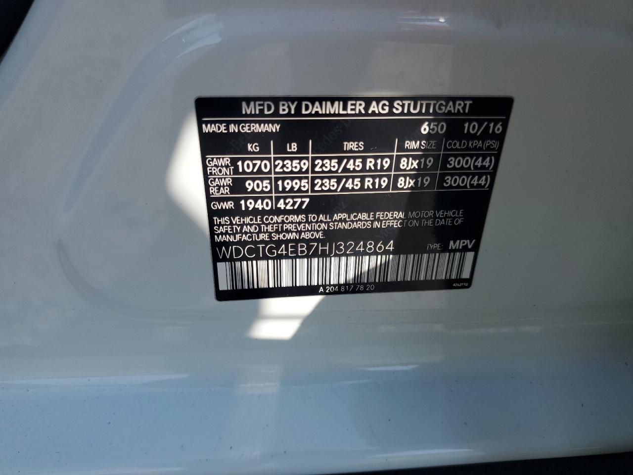 2017 Mercedes-Benz Gla 250 VIN: WDCTG4EB7HJ324864 Lot: 63964475