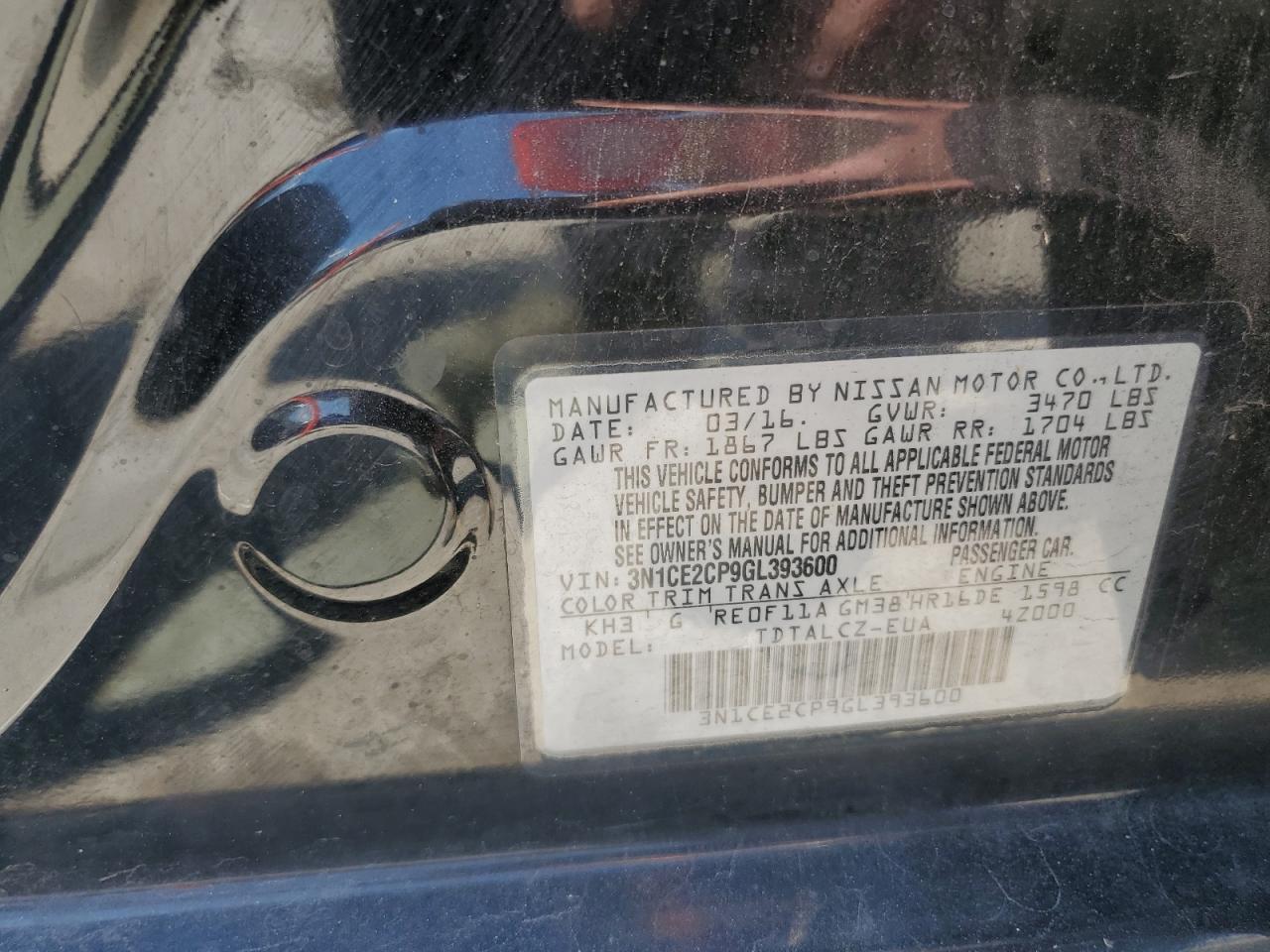 2016 Nissan Versa Note S VIN: 3N1CE2CP9GL393600 Lot: 62912655