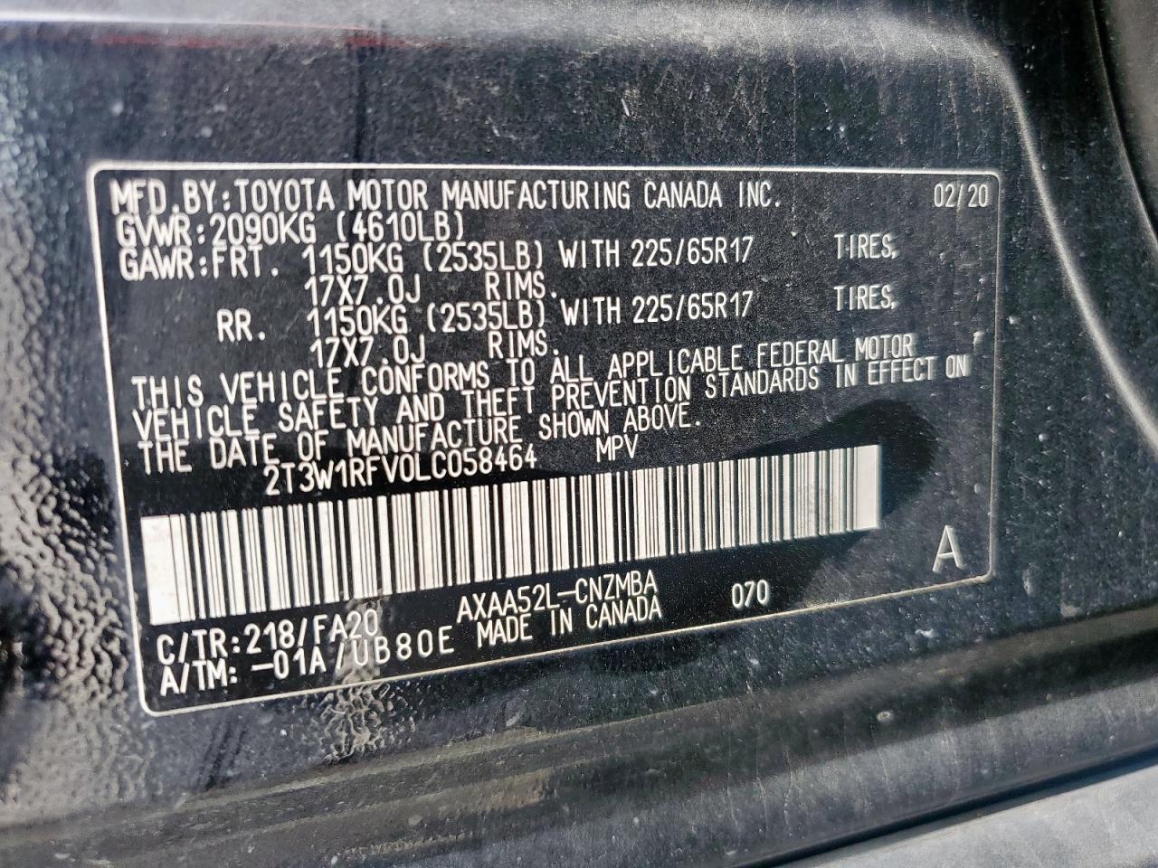 2020 Toyota Rav4 Xle VIN: 2T3W1RFV0LC058464 Lot: 65473955