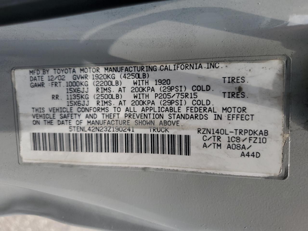2003 Toyota Tacoma VIN: 5TENL42N23Z190241 Lot: 65290985