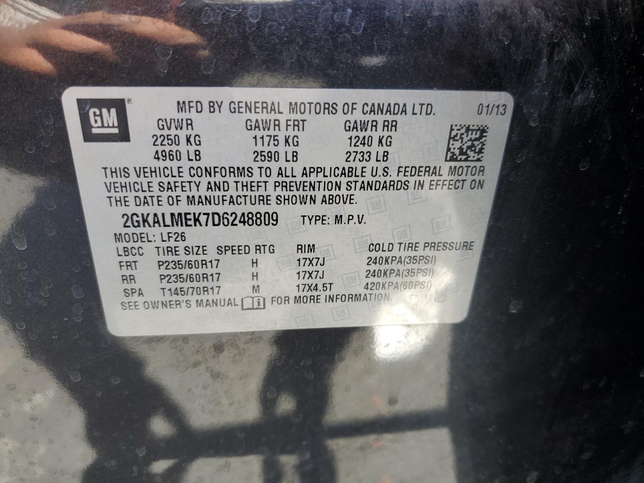 2013 GMC Terrain Sle VIN: 2GKALMEK7D6248809 Lot: 64450655