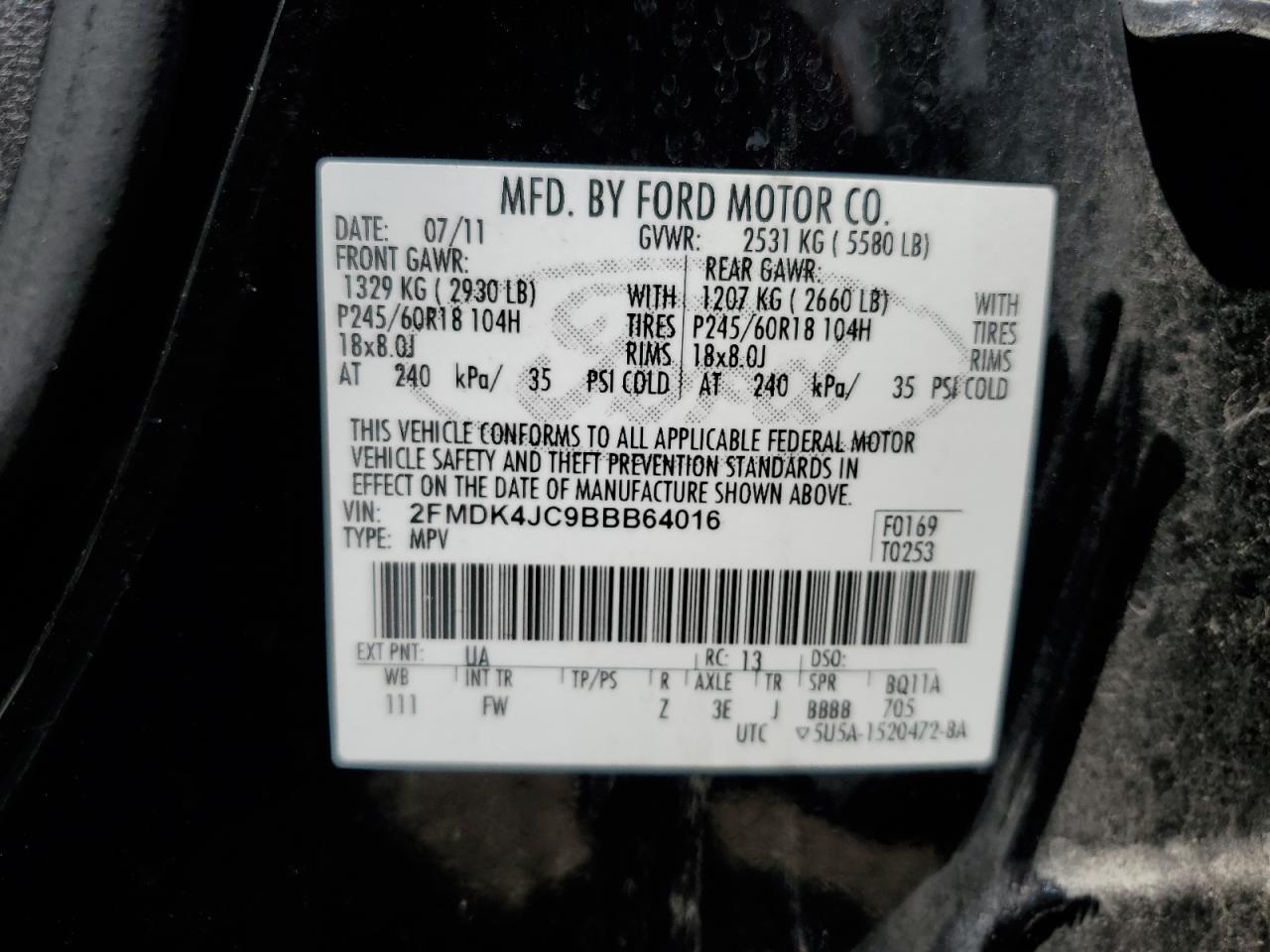 2011 Ford Edge Sel VIN: 2FMDK4JC9BBB64016 Lot: 66333355