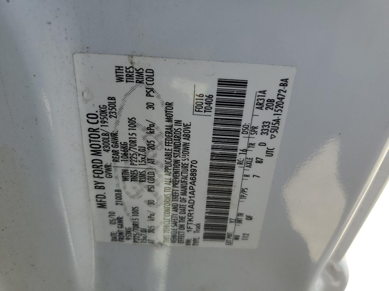 2010 Ford Ranger VIN: 1FTKR1AD1APA68970 Lot: 65228175