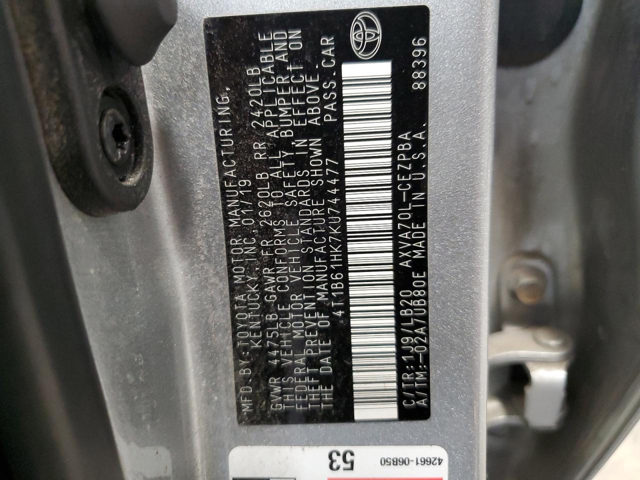2019 Toyota Camry Xse VIN: 4T1B61HK7KU744477 Lot: 60335125