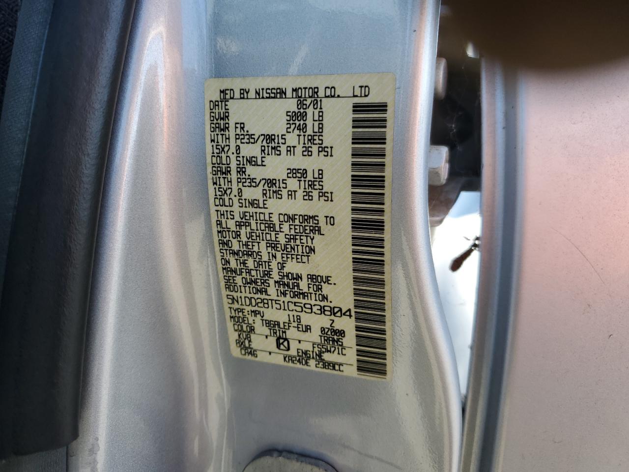 2001 Nissan Xterra Xe VIN: 5N1DD28T51C593804 Lot: 64694945