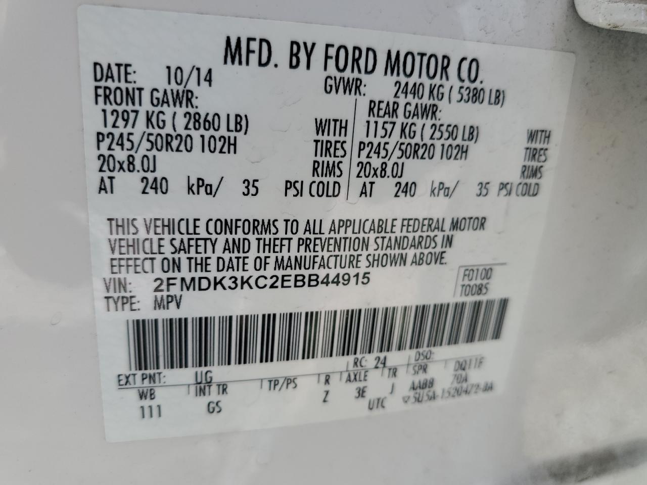 2014 Ford Edge Limited VIN: 2FMDK3KC2EBB44915 Lot: 64564705
