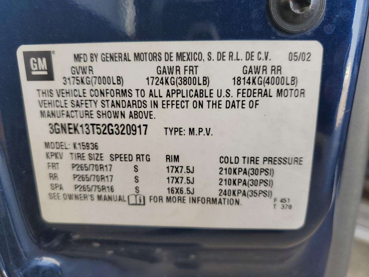 3gnek13t52g320917 3GNEK13T52G320917 2002 Chevrolet Avalanche K1500