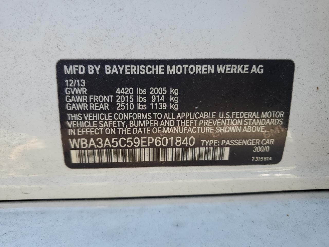 2014 BMW 328 I VIN: WBA3A5C59EP601840 Lot: 66614735