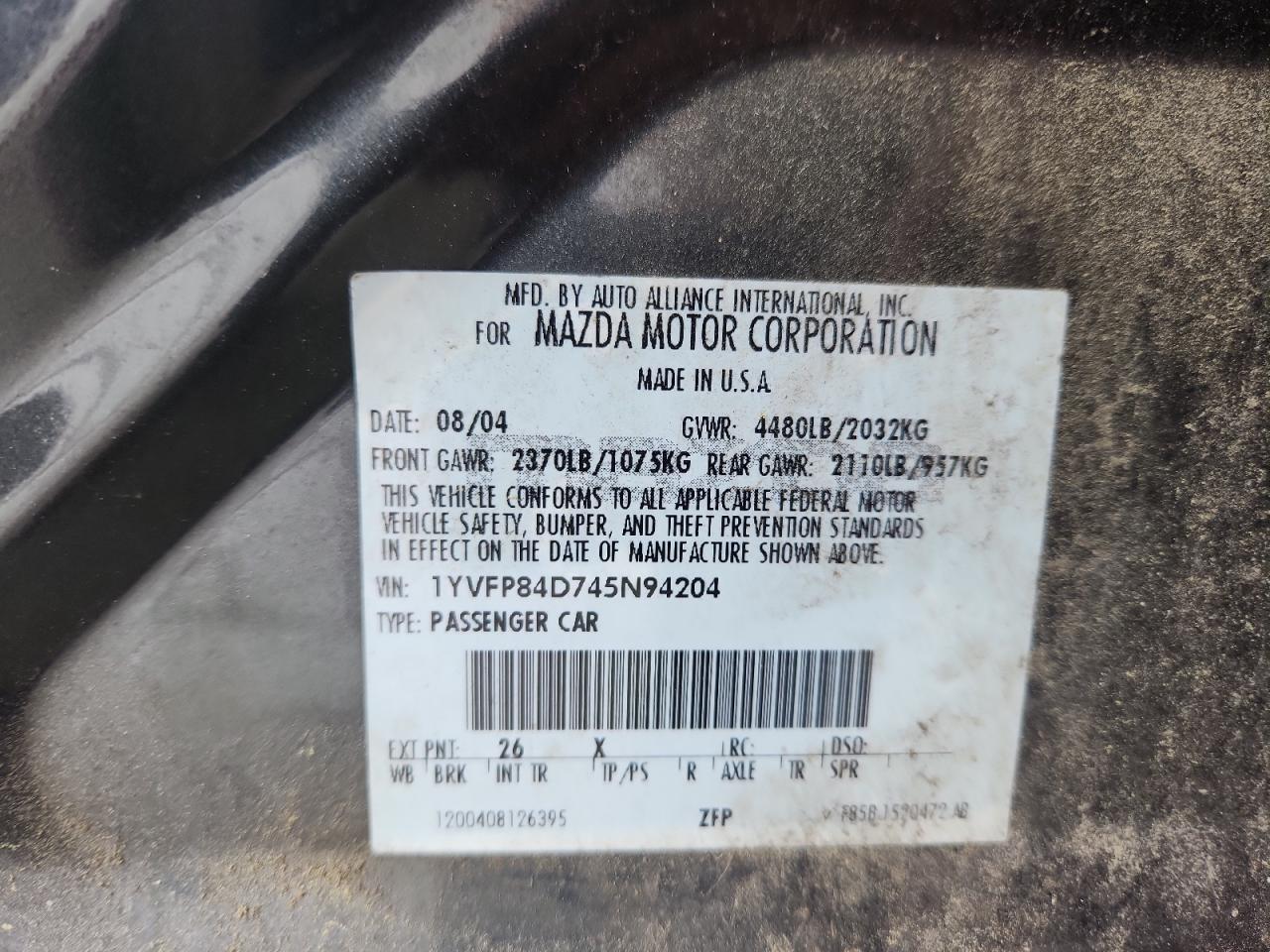 2004 Mazda 6 S VIN: 1YVFP84D745N94204 Lot: 63272595