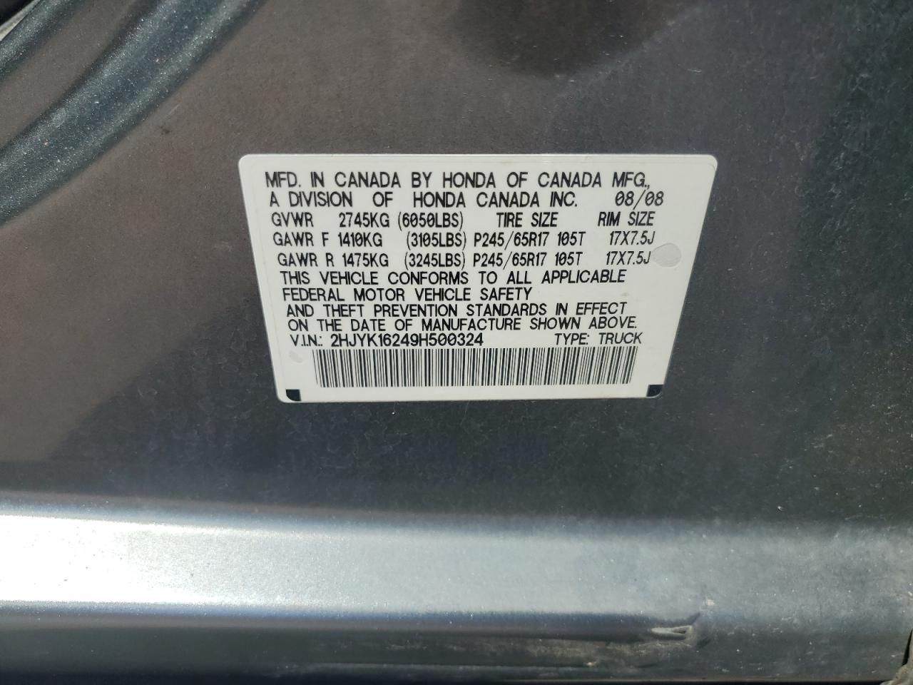2009 Honda Ridgeline Rt VIN: 2HJYK16249H500324 Lot: 64370505