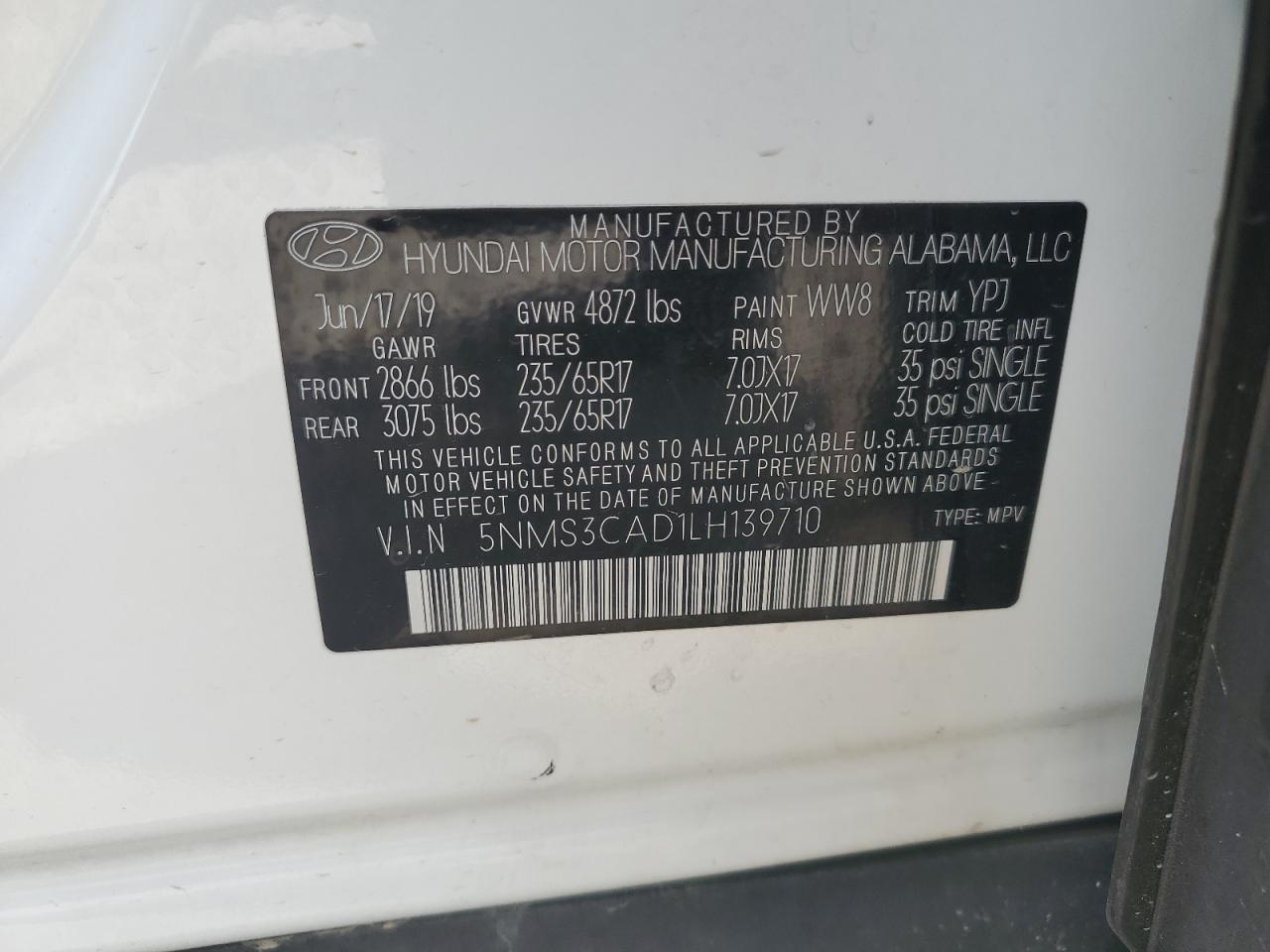 2020 Hyundai Santa Fe Sel VIN: 5NMS3CAD1LH139710 Lot: 66304875