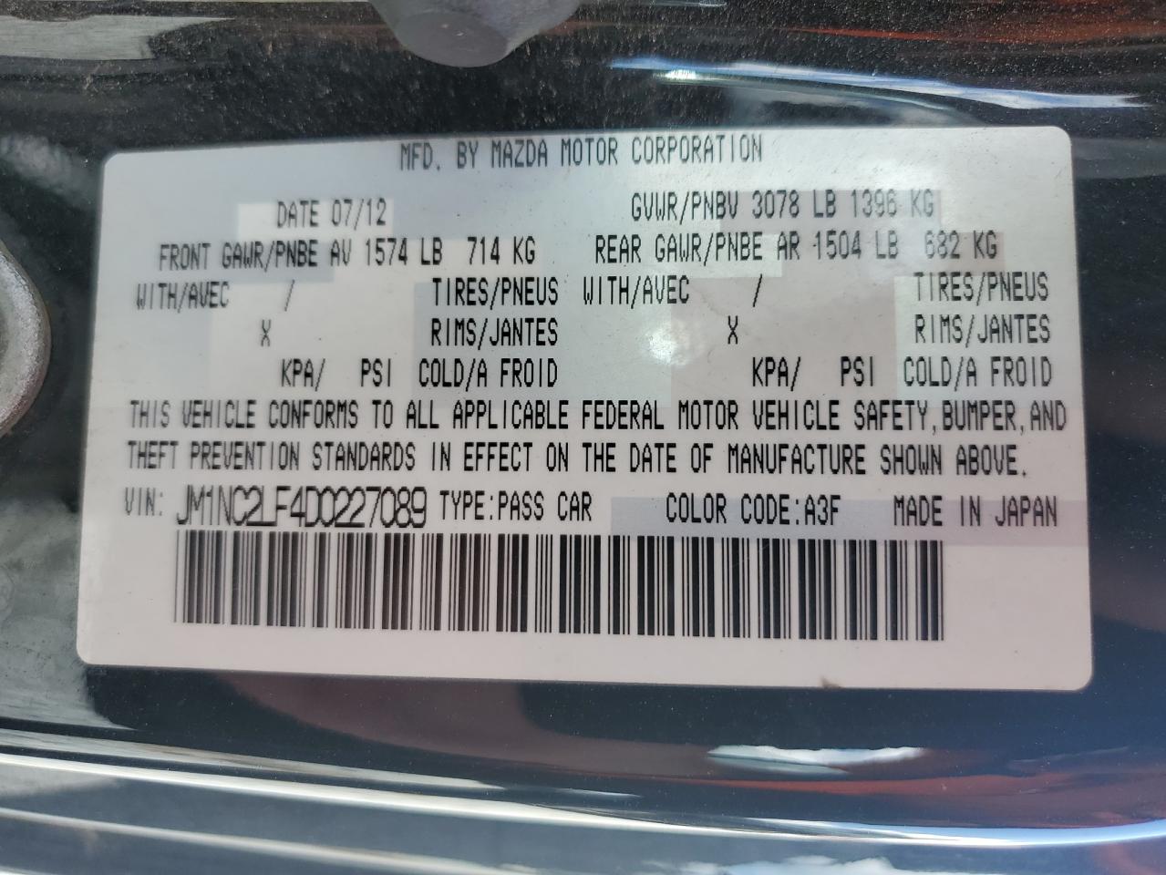 2013 Mazda Mx-5 Miata Club VIN: JM1NC2LF4D0227089 Lot: 65183615