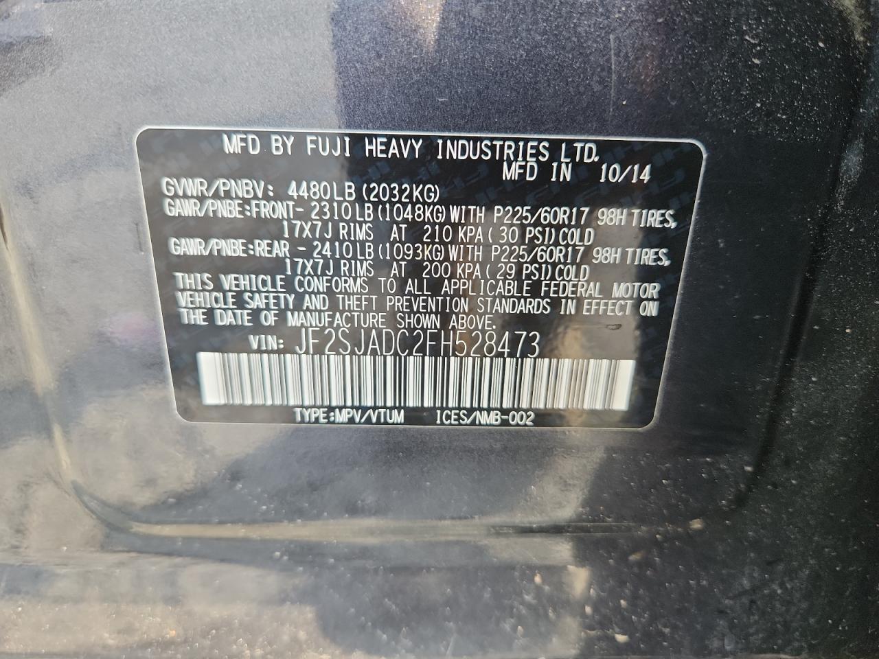 2015 Subaru Forester 2.5I Premium VIN: JF2SJADC2FH528473 Lot: 66082625