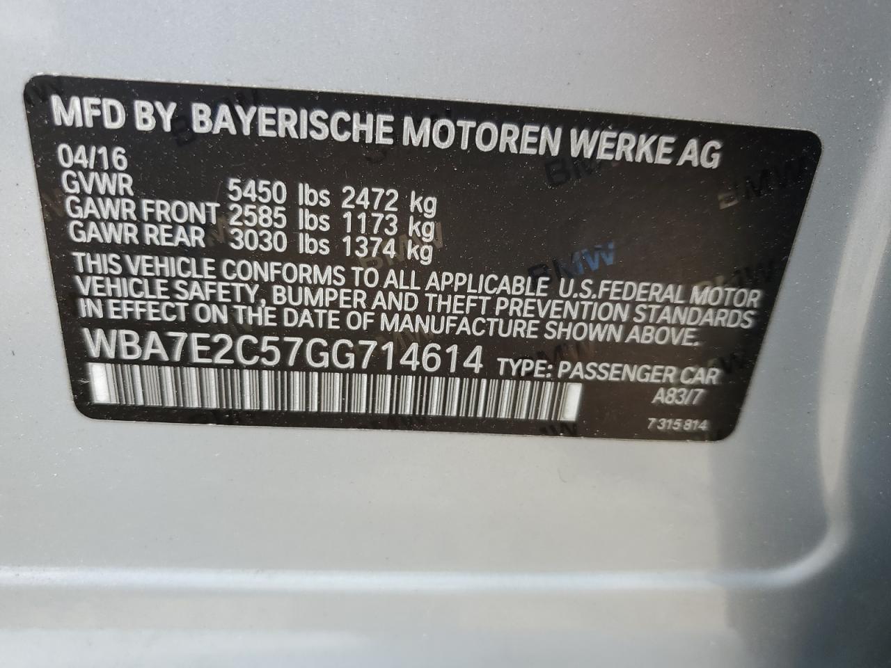 2016 BMW 740 I VIN: WBA7E2C57GG714614 Lot: 64083225