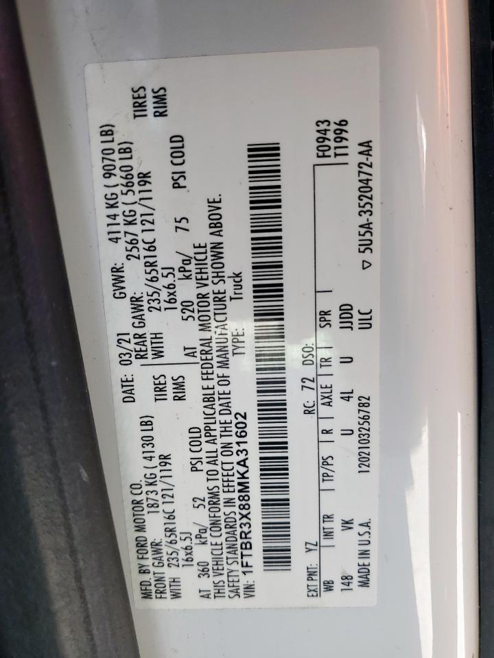 2021 Ford Transit T-250 VIN: 1FTBR3X88MKA31602 Lot: 66437965