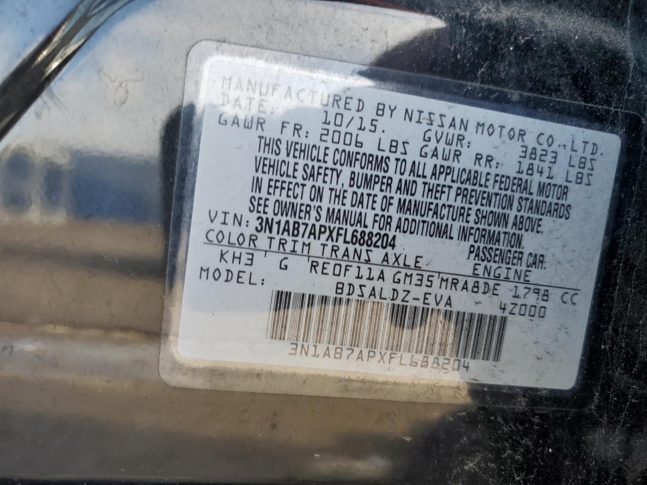 2015 Nissan Sentra S VIN: 3N1AB7APXFL688204 Lot: 65353435