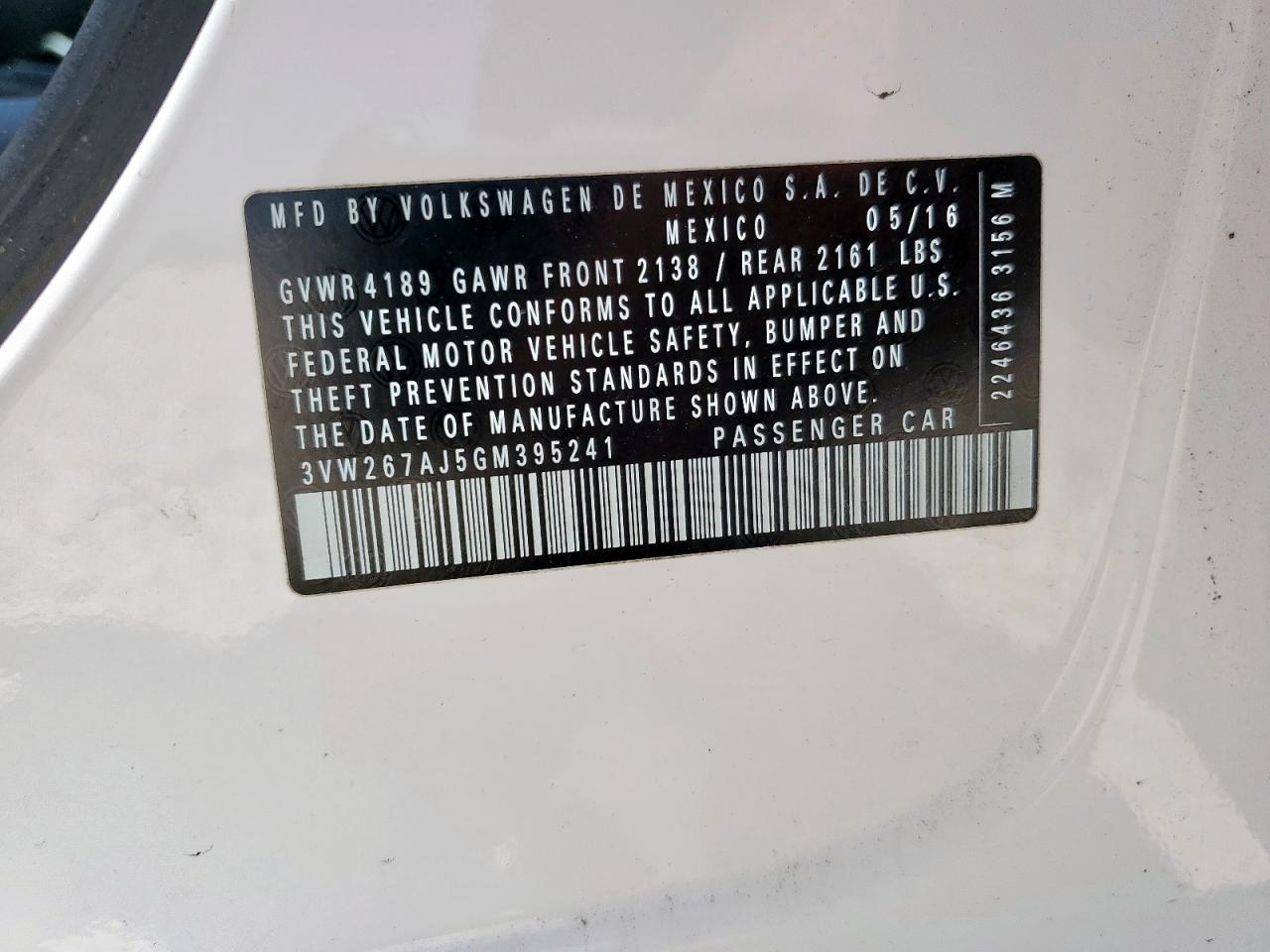 2016 Volkswagen Jetta S VIN: 3VW267AJ5GM395241 Lot: 64332865