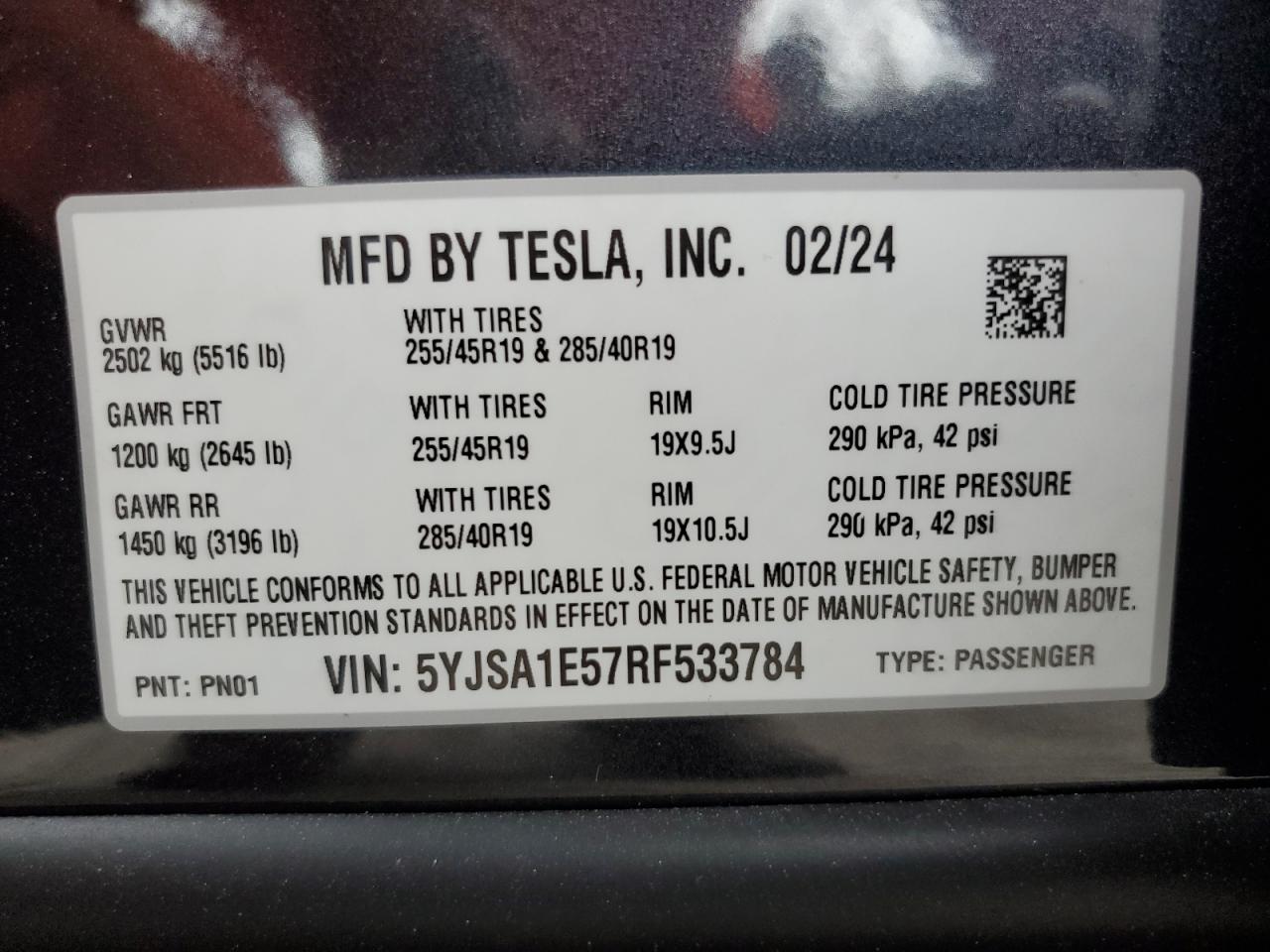 2024 Tesla Model S VIN: 5YJSA1E57RF533784 Lot: 63001725
