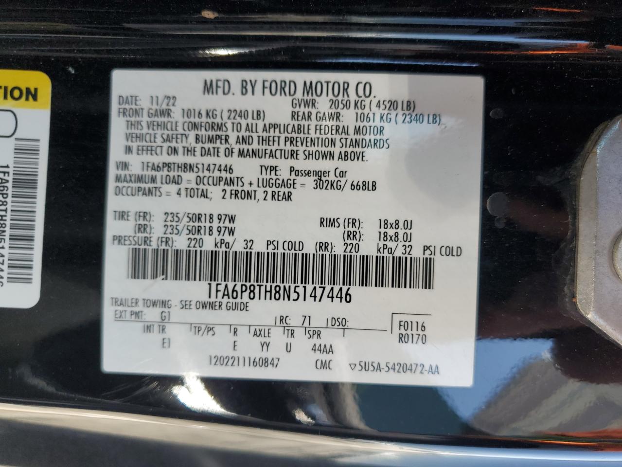 2022 Ford Mustang VIN: 1FA6P8TH8N5147446 Lot: 65178125