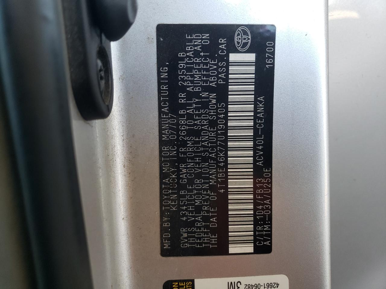 2007 Toyota Camry Ce VIN: 4T1BE46K77U190405 Lot: 65071695