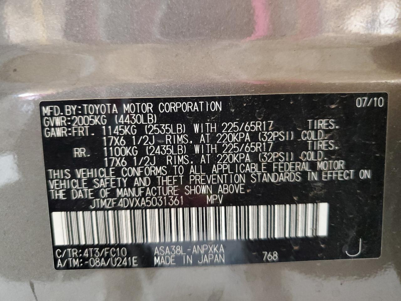 2010 Toyota Rav4 VIN: JTMZF4DVXA5031361 Lot: 65042765