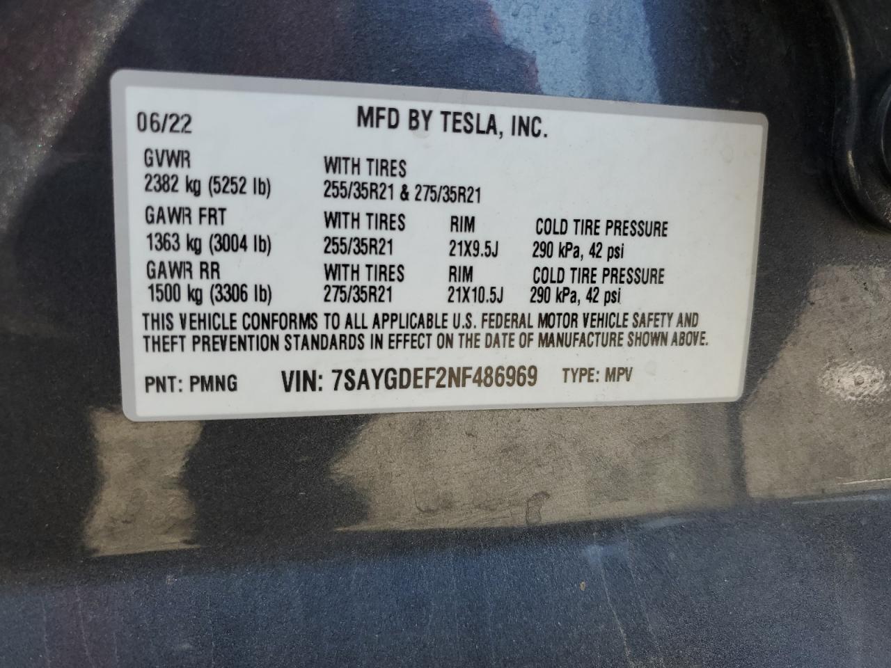 2022 Tesla Model Y VIN: 7SAYGDEF2NF486969 Lot: 63653275