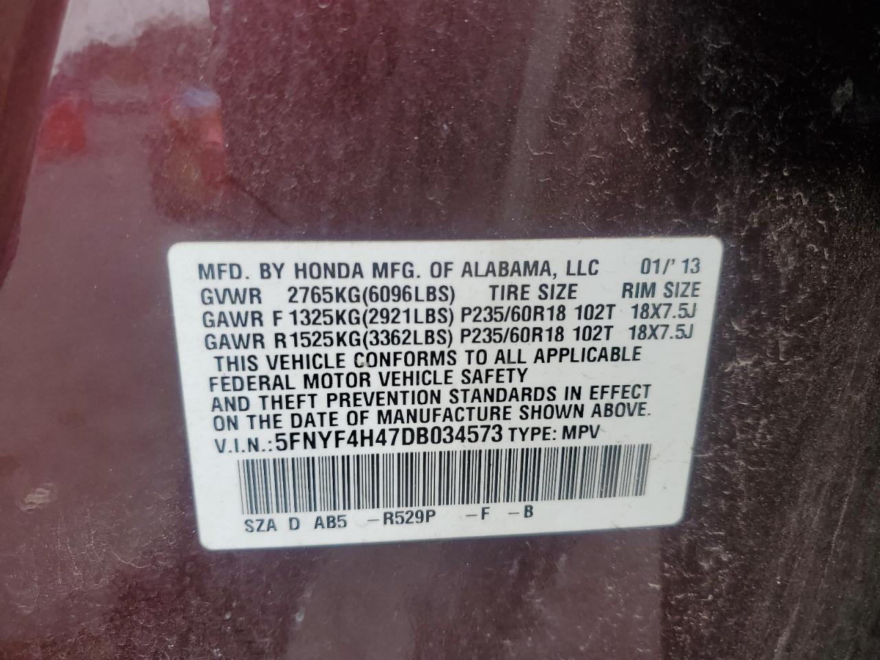 2013 Honda Pilot Ex VIN: 5FNYF4H47DB034573 Lot: 63271145