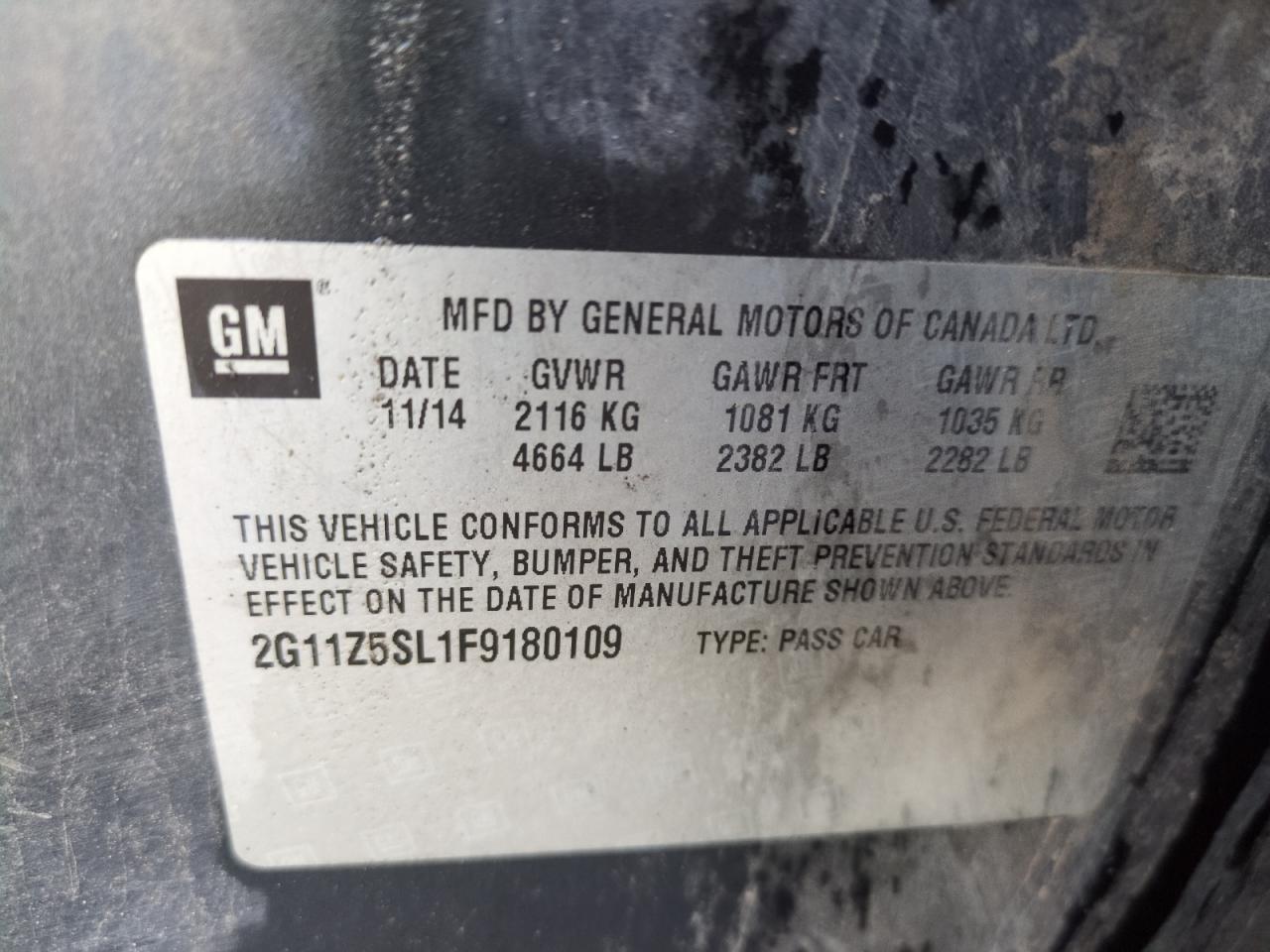 2015 Chevrolet Impala Ls VIN: 2G11Z5SL1F9180109 Lot: 62680435