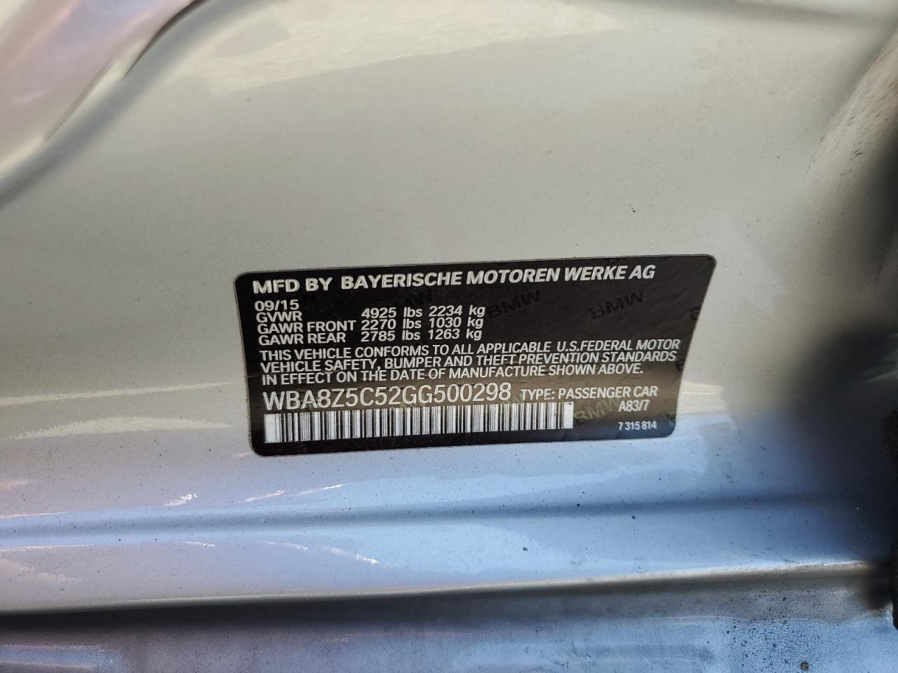 2016 BMW 328 Xigt Sulev VIN: WBA8Z5C52GG500298 Lot: 63943715