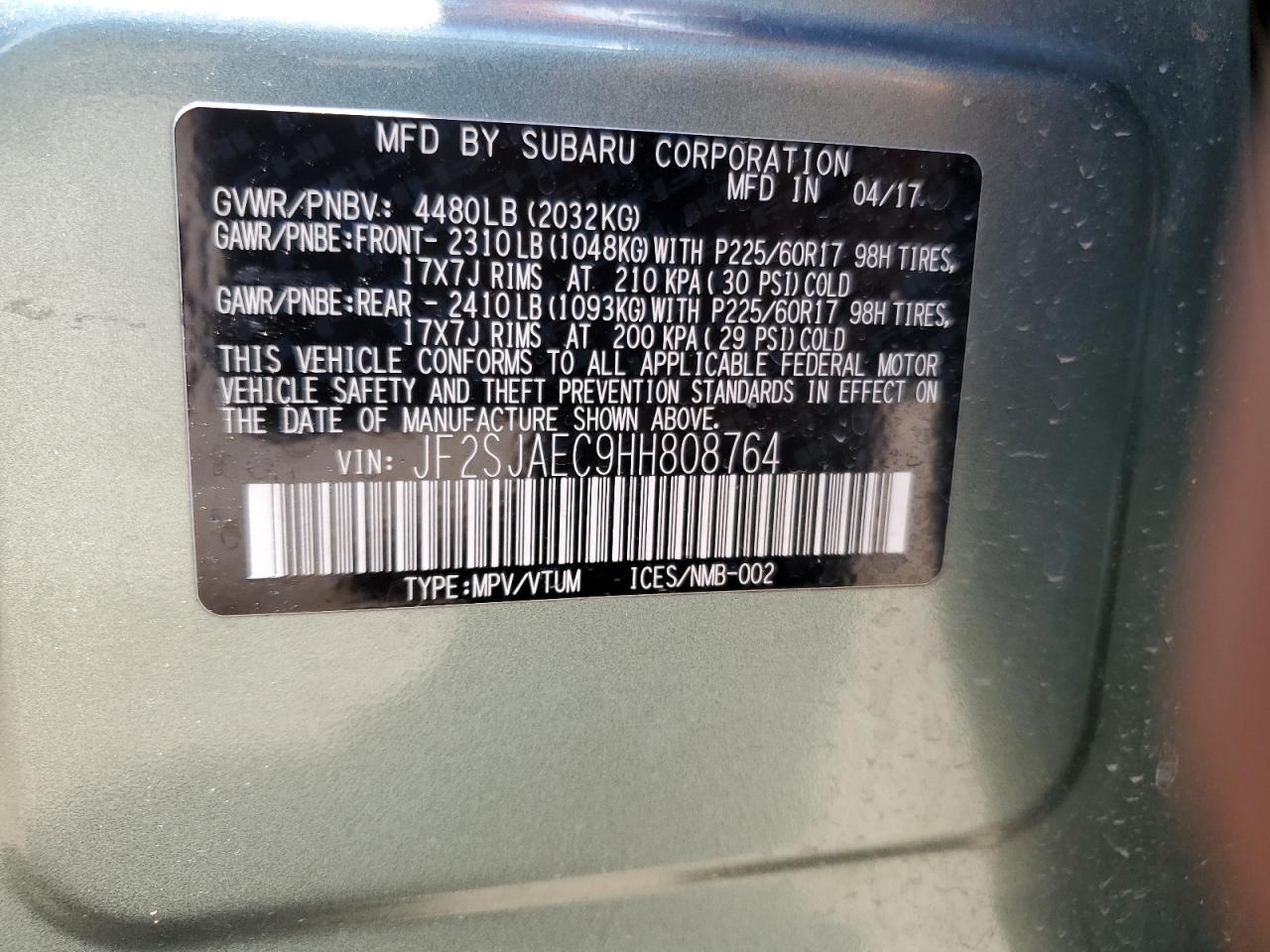 2017 Subaru Forester 2.5I Premium VIN: JF2SJAEC9HH808764 Lot: 63008085