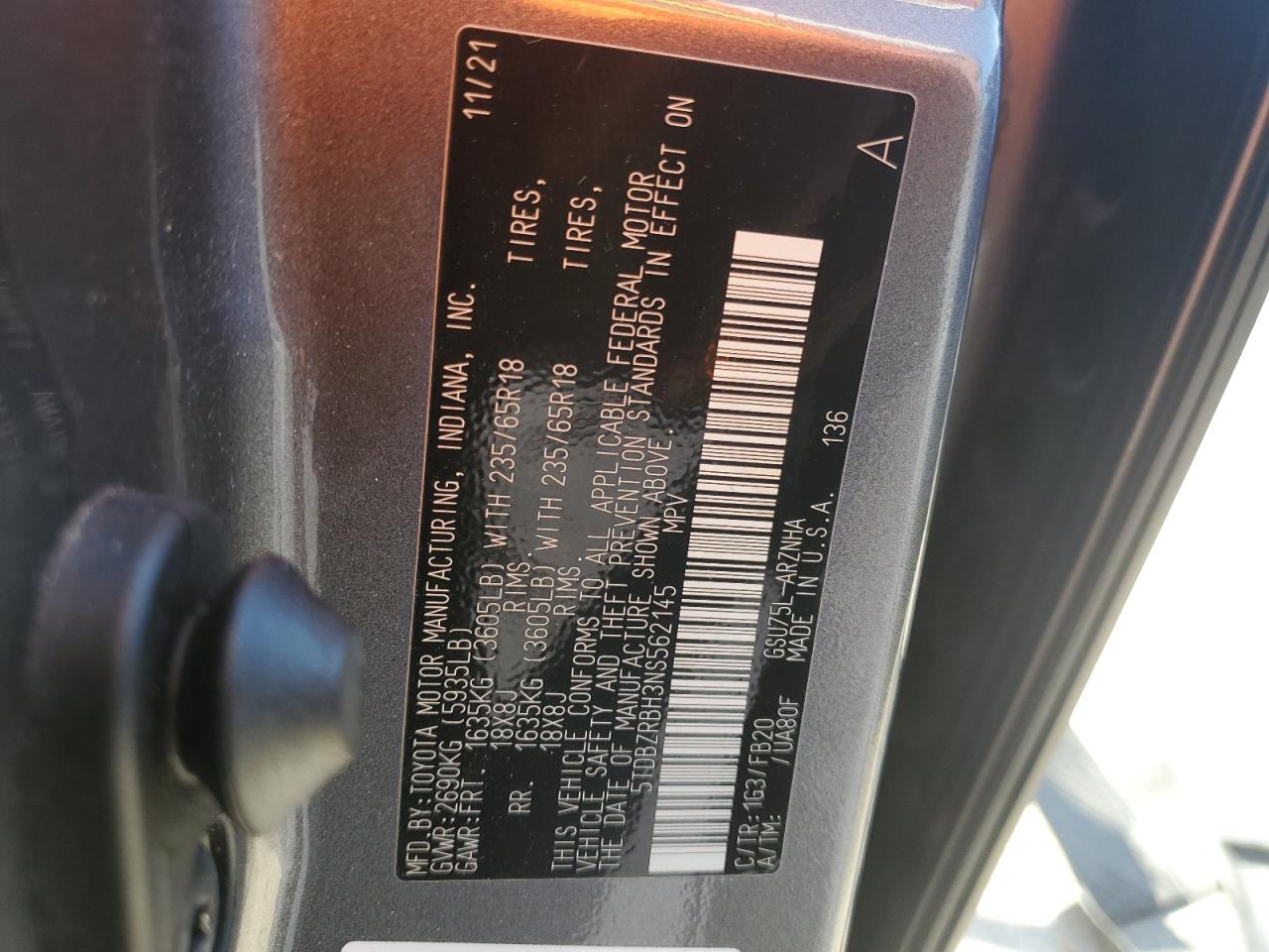 2022 Toyota Highlander L VIN: 5TDBZRBH3NS562145 Lot: 63626085