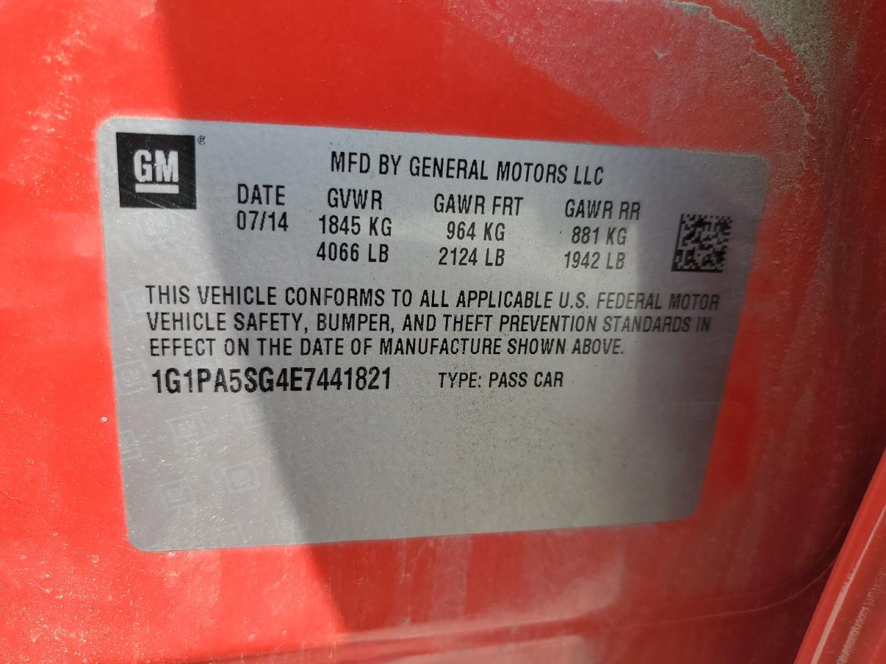 2014 Chevrolet Cruze Ls VIN: 1G1PA5SG4E7441821 Lot: 61980245