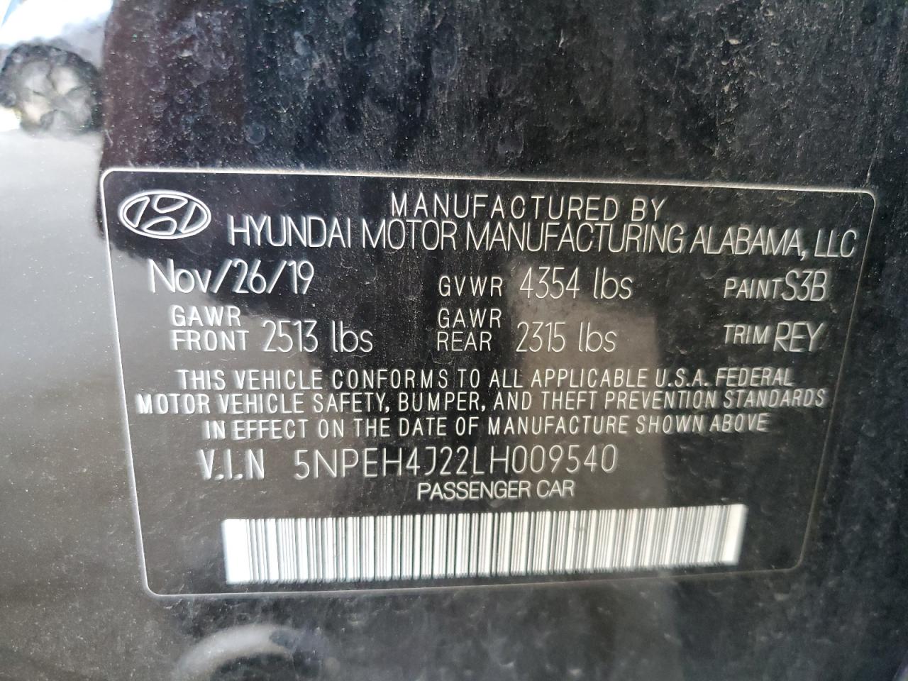 2020 Hyundai Sonata Limited VIN: 5NPEH4J22LH009540 Lot: 65389835